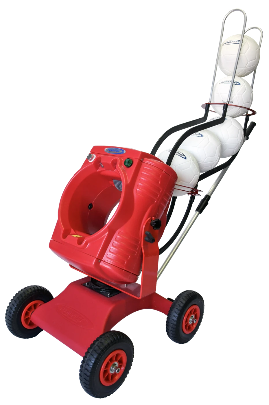 Red POWAPASS football training machine with ball chute and wheeled base