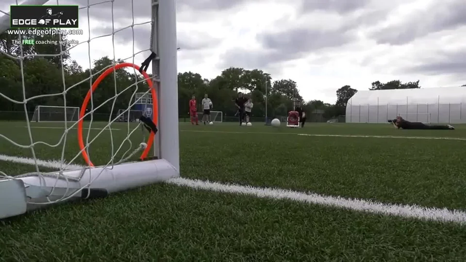 Finishing practice viewed from behind a goal with POWAPASS on the pitch